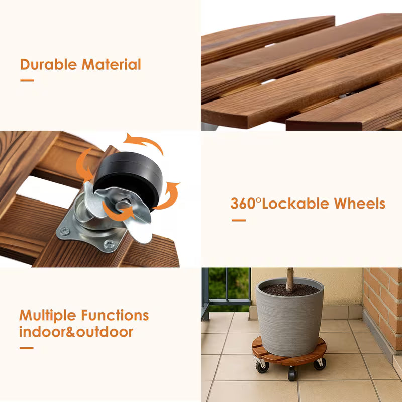 2 Pack Wooden Plant Caddy with Wheels 30cm Round Rolling Plant Stand with Metal Lockable Caster Wheels Heavy Duty Mobile Plant Holder Plant Dolly for Indoor Outdoor Garden Decor
