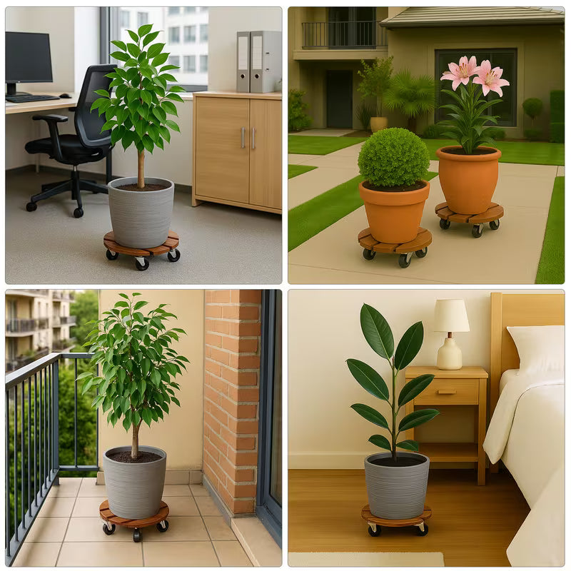 2 Pack Wooden Plant Caddy with Wheels 30cm Round Rolling Plant Stand with Metal Lockable Caster Wheels Heavy Duty Mobile Plant Holder Plant Dolly for Indoor Outdoor Garden Decor